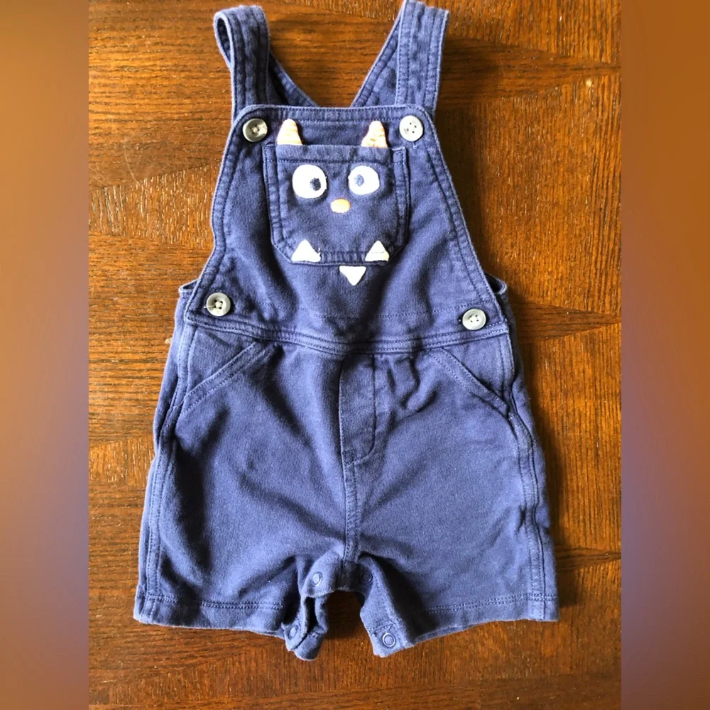 4/$20 Carters Navy Blue Monster Halloween Overalls Shorts Sz 12 Mo